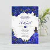 Royal Blue Floral Rose Elegantes Quinceñera Party Einladung (Stehend Vorderseite)