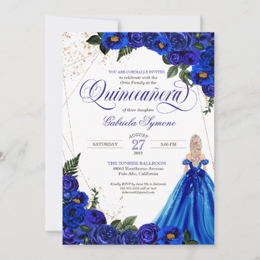 Royal Blue Floral Rose & Gold Elegante Einladung (Vorderseite)
