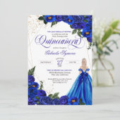 Royal Blue Floral Rose & Gold Elegante Einladung (Stehend Vorderseite)