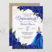 Royal Blue Floral Rose & Gold Elegante Einladung (Vorne/Hinten)