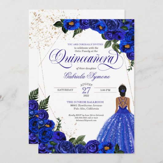 Royal Blue Floral Rose & Gold Elegante Einladung (Vorne/Hinten)