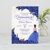 Royal Blue Floral Rose & Gold Elegante Einladung (Stehend Vorderseite)