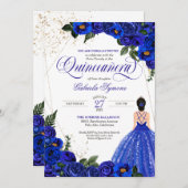 Royal Blue Floral Rose & Gold Elegante Einladung (Vorne/Hinten)