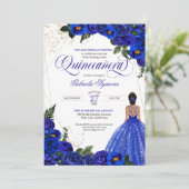 Royal Blue Floral Rose & Gold Elegante Quinceñera Einladung (Stehend Vorderseite)