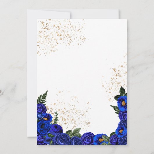 Royal Blue Floral Rose & Gold Elegante Quinceñera Einladung (Rückseite)