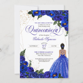 Royal Blue Floral Rose & Gold Elegante Quinceñera Einladung