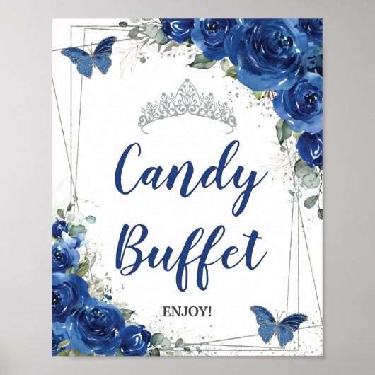 Royal Blue Floral Rose Quinceañera Candy Buffet Poster (Vorne)