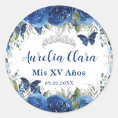 Royal Blue Floral Rose Schmetterlinge Silberkrone Runder Aufkleber (Vorderseite)