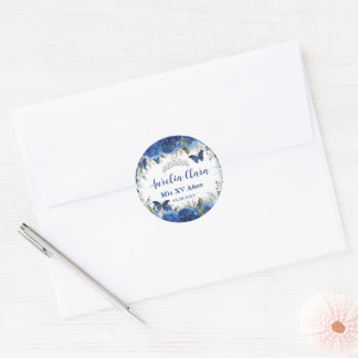 Royal Blue Floral Rose Schmetterlinge Silberkrone Runder Aufkleber