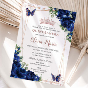 Royal Blue Floral Rosen Gold Quinceñera Butterfly Einladung