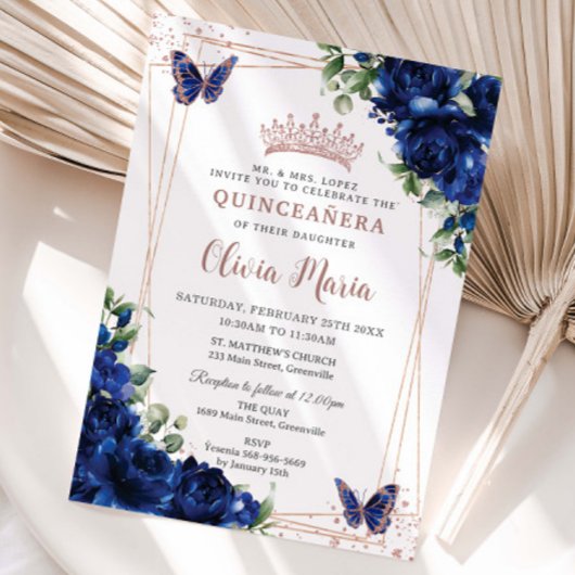 Royal Blue Floral Rosen Gold Quinceñera Butterfly Einladung