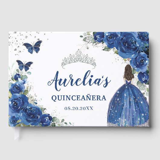Royal Blue Floral Rosen Princess Silver Quinceñera Gästebuch (Vorderseite)