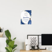 Royal Blue Floral Rosen Silver Quinceñera Willkomm Poster (Heimbüro)