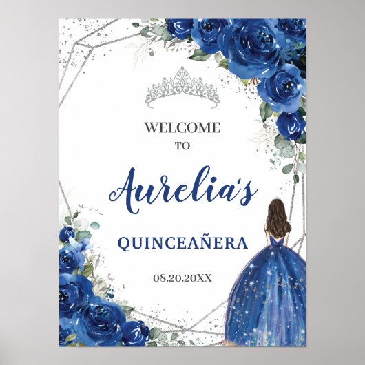 Royal Blue Floral Rosen Silver Quinceñera Willkomm Poster (Vorne)