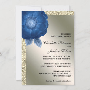 Royal Blue Floral & Silver Glitzer Wedding Einladung