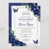 Royal Blue Floral Silver Quinceañera Butterfliegen Einladung (Vorne/Hinten)