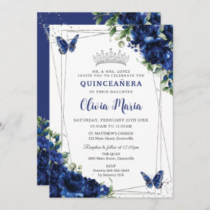 Royal Blue Floral Silver Quinceañera Butterfliegen Einladung