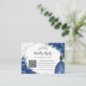 Royal Blue Floral Silver Quinceañera QR Code RSVP Begleitkarte (Stehend Vorderseite)