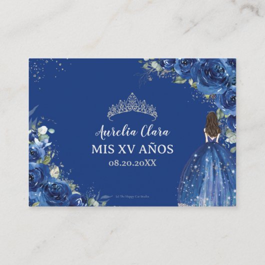 Royal Blue Floral Silver Quinceañera QR Code RSVP Begleitkarte (Rückseite)