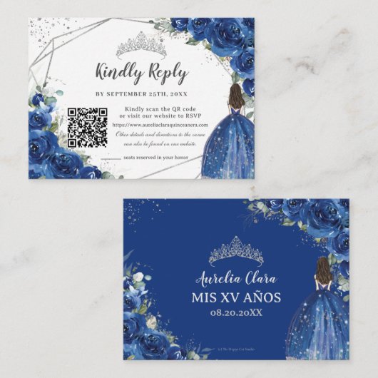 Royal Blue Floral Silver Quinceañera QR Code RSVP Begleitkarte (Vorne/Hinten)
