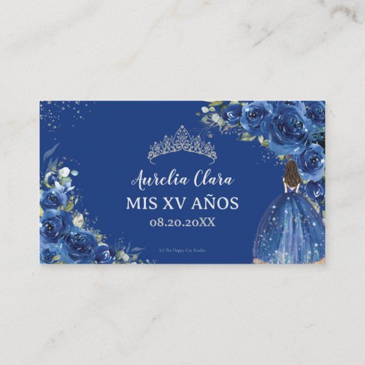 Royal Blue Floral Silver Quinceñera QR Code Begleitkarte (Rückseite)