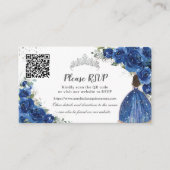 Royal Blue Floral Silver Quinceñera QR Code Begleitkarte (Vorderseite)