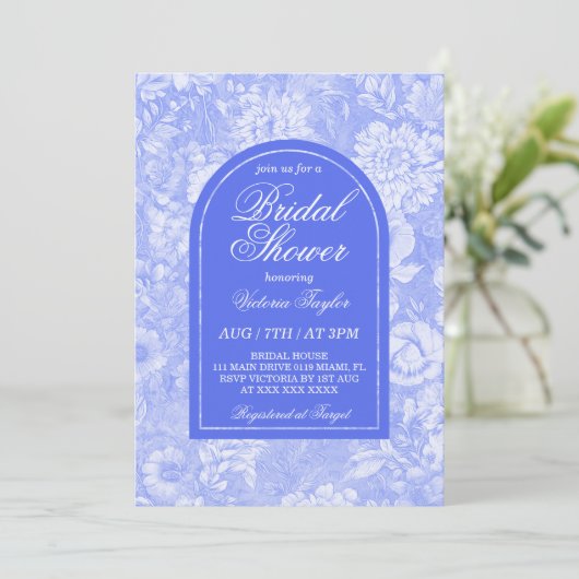 Royal Blue Floral Viktorianisches Brautparty Einladung (Stehend Vorderseite)