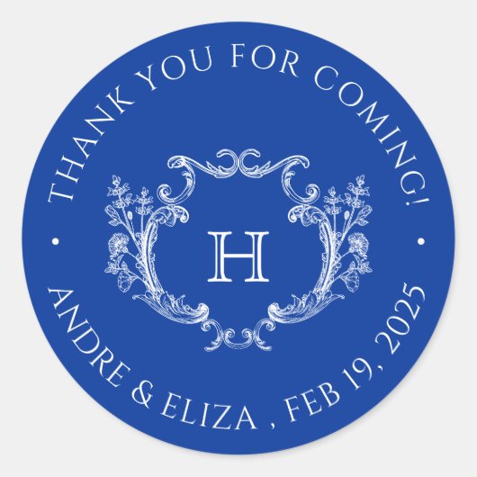 Royal Blue Floral Wappen Monogram Wedcker Runder Aufkleber (Vorderseite)