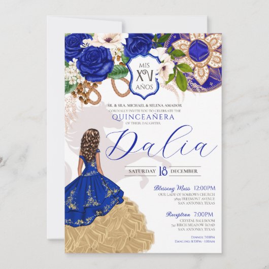 Royal Blue Floral Wappen Rose Charro Quinceñera Einladung (Vorderseite)