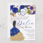 Royal Blue Floral Wappen Rose Charro Quinceñera Einladung (Vorderseite)