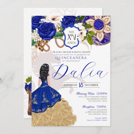Royal Blue Floral Wappen Rose Charro Quinceñera Einladung (Vorne/Hinten)