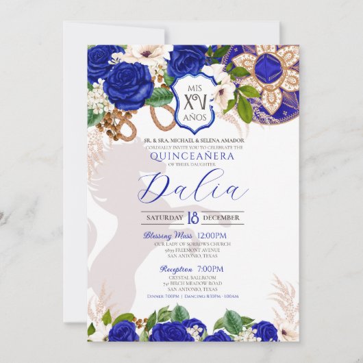 Royal Blue Floral Wappen Rose Charro Quinceñera Einladung (Vorderseite)