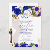 Royal Blue Floral Wappen Rose Charro Quinceñera Einladung (Vorne/Hinten)