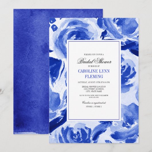 Royal Blue Floral Watercolor Brautparty Einladung (Vorne/Hinten)
