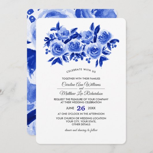 Royal Blue Floral Watercolor Wedding Einladung (Vorne/Hinten)