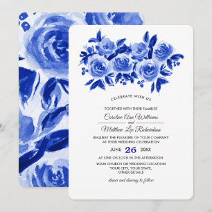 Royal Blue Floral Watercolor Wedding Einladung