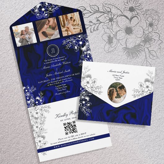 Royal Blue Floral Wedding All In One Einladung