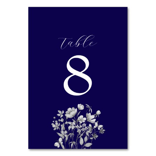Royal Blue Floral Wedding Tischnummer (Vorderseite)