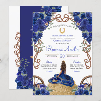 Royal Blue Floral Western Charra Quinceañera Einladung