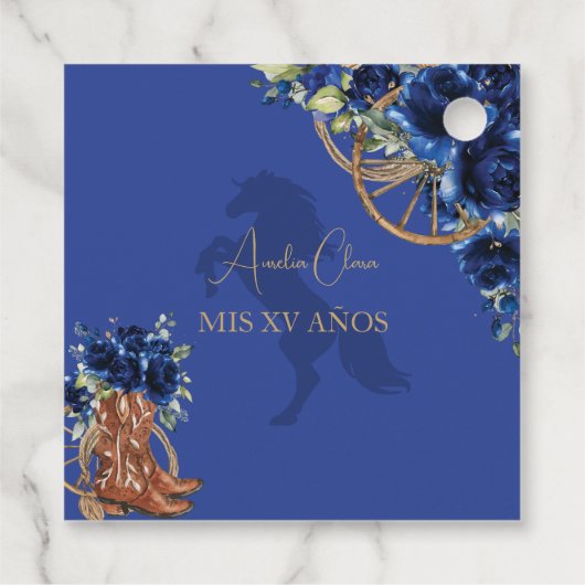 Royal Blue Floral Wild West Charro Quinceañera XV Geschenkanhänger (Rückseite)