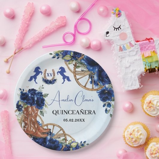 Royal Blue Floral Wild West Charro Quinceañera XV Pappteller (Party)
