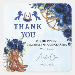 Royal Blue Floral Wild West Charro Quinceañera XV Quadratischer Aufkleber