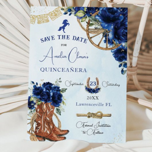 Royal Blue Floral Wild West Charro Quinceañera XV Save The Date