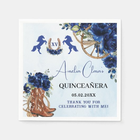 Royal Blue Floral Wild West Charro Quinceañera XV Serviette (Vorderseite)