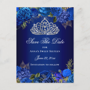 Royal Blue Florale Sweet Sixteen Save The Date Postkarte
