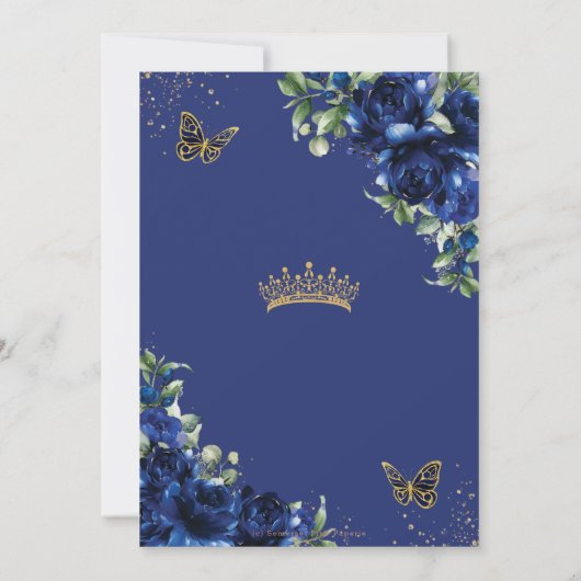Royal Blue Flowers Floral Quinceañera Butterflies Einladung (Rückseite)