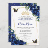 Royal Blue Flowers Floral Quinceañera Butterflies Einladung (Vorne/Hinten)