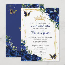 Royal Blue Flowers Floral Quinceañera Butterflies Einladung