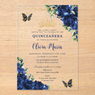 Royal Blue Flowers Floral Quinceñera Butterflies Acryleinladungen
