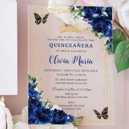 Royal Blue Flowers Floral Quinceñera Butterflies Acryleinladungen